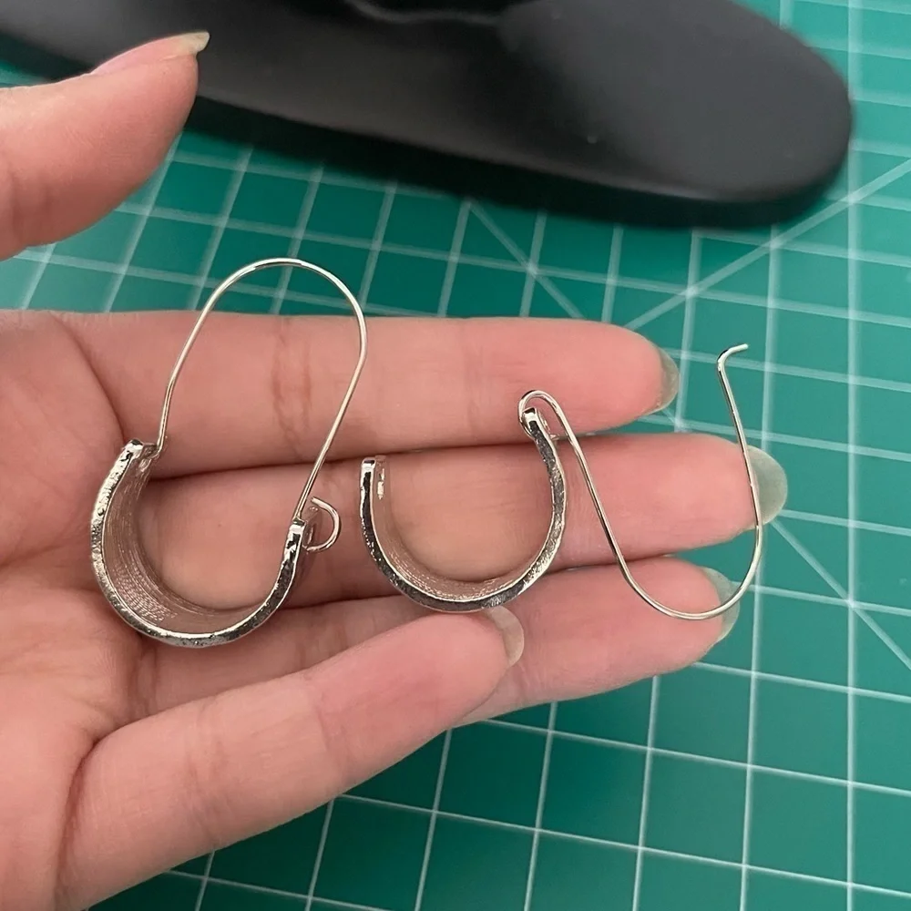 Hammered Silver Long Oval Silver Tone Hoop Earrings